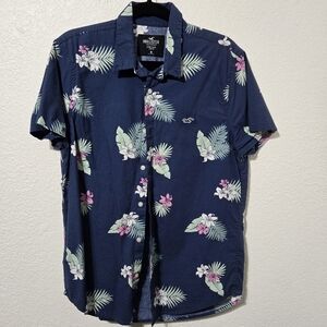 Hollister Epic Flex Stretch Blue Floral Resort Beach Slim Fit Shirt Men's M